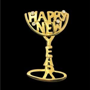 Happy New Year champagne glass gold tone clear rhinestone brooch pin vintage